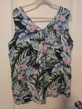 Sleeveless Tropical Floral V-Neck Tank Top - Black with Pastel Floral